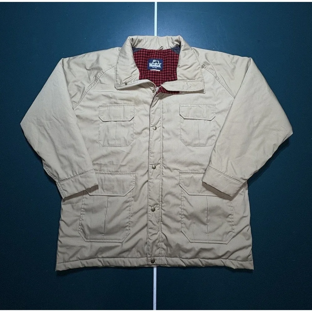 Vintage Woolrich Jacket Mens XL Beige Mountain Parka Wool Plaid Lined USA Made‎